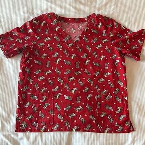 Holiday scrub top, medical top  nurse top V neck short sleeves red Large